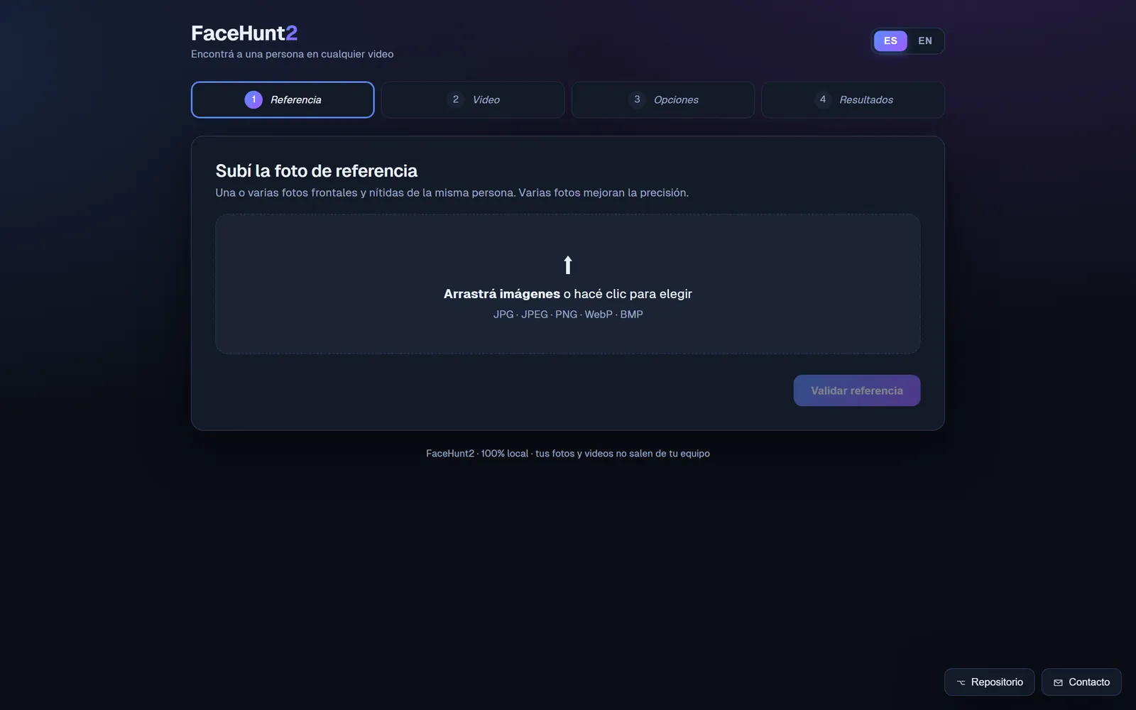 La interfaz de FaceHunt 2 en el primer paso: subir la foto de referencia.