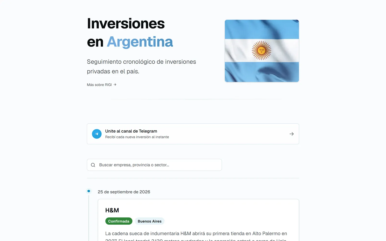 La portada de inversionesargentina.com.ar: la bandera, el buscador y la cronología de inversiones.