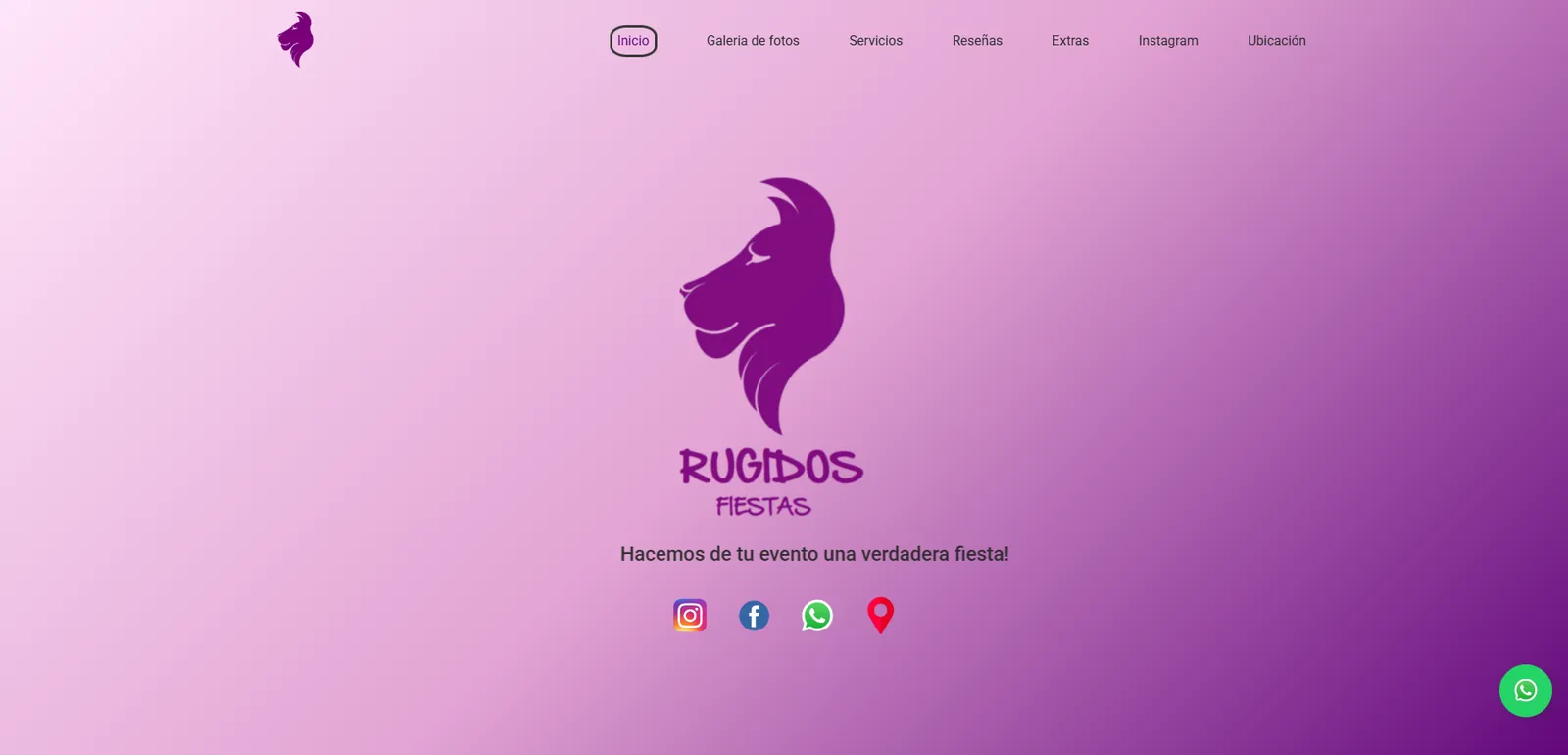 La portada del sitio de 2023: fondo rosa, el león de Rugidos y los enlaces a redes.
