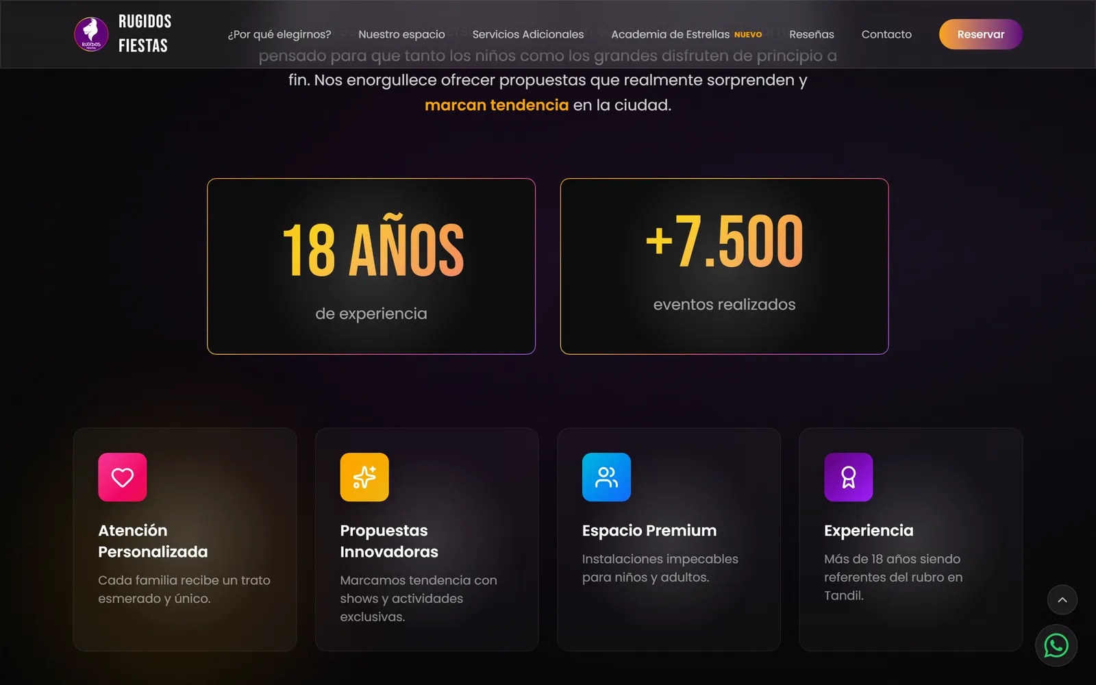 La sección «¿Por qué elegirnos?»: los contadores de años y eventos y las tarjetas de atención, propuestas, espacio y experiencia.